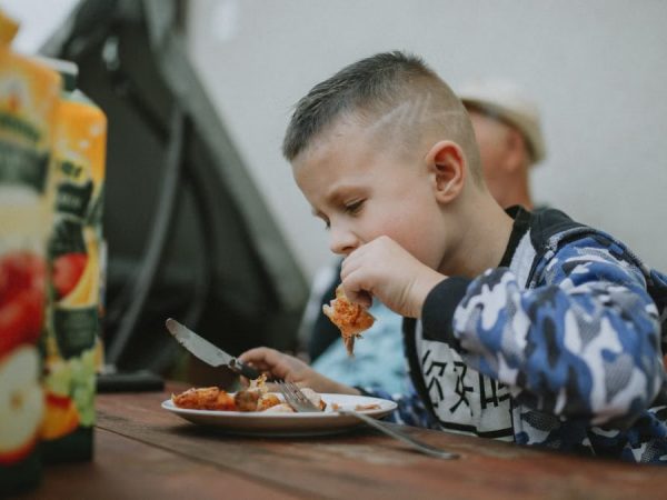 Young boy savoring a grilled chicken meal during an outdoor barbecue.